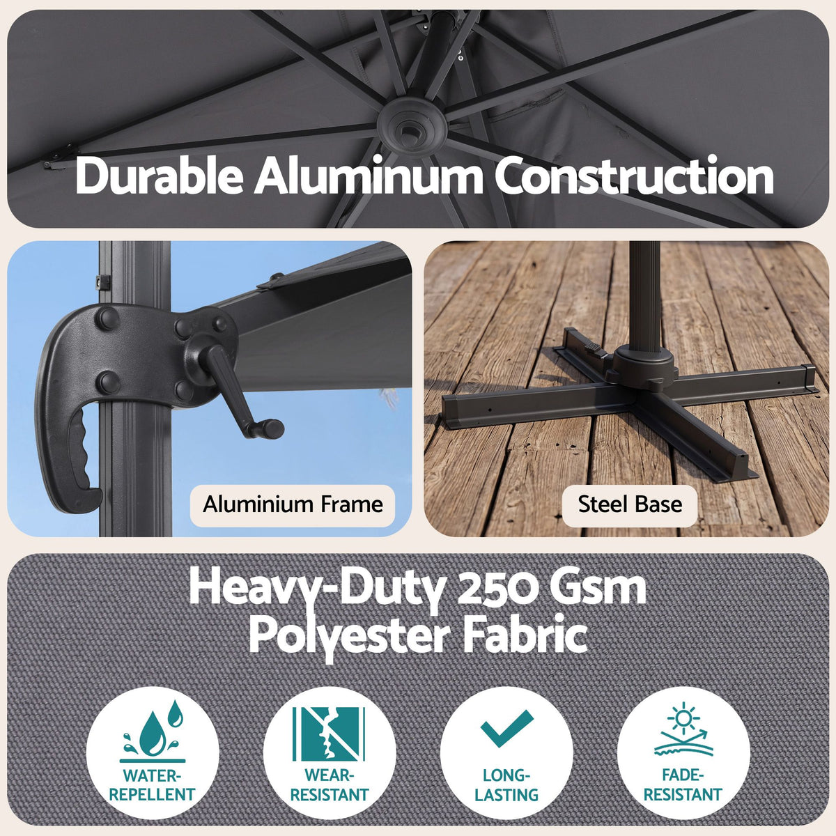 360 degree rotatable post on the Instahut Roma 3m charcoal cantilever umbrella