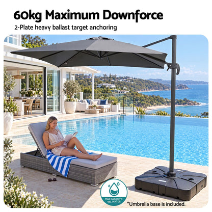 Two piece black HDPE umbrella base, 84cm x 84cm x 17cm, with cross frame support