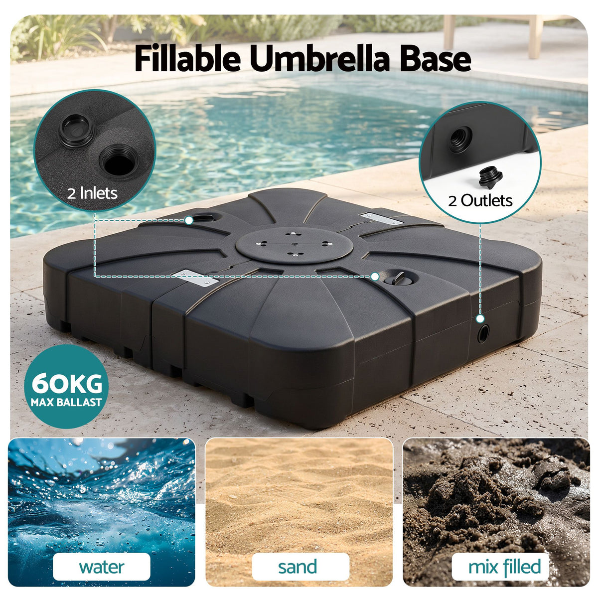 Four integrated smooth wheels on a low profile black HDPE umbrella base, 15kg empty