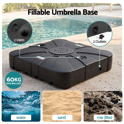 Four integrated smooth wheels on a low profile black HDPE umbrella base, 15kg empty