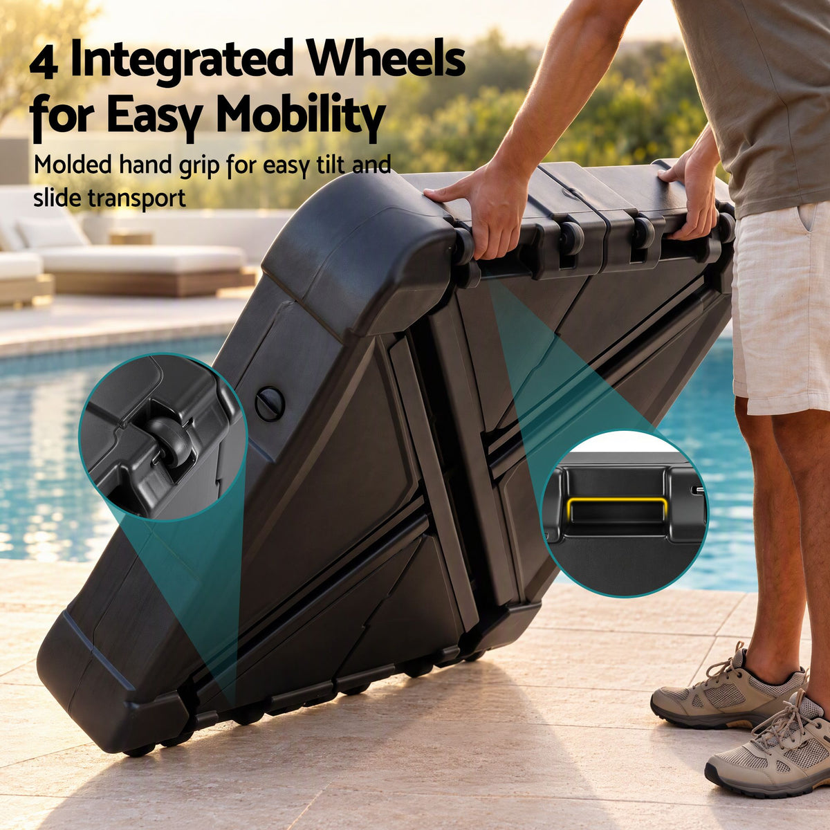 Dual water and sand inlets with threaded drain outlets on a 60kg fillable umbrella base