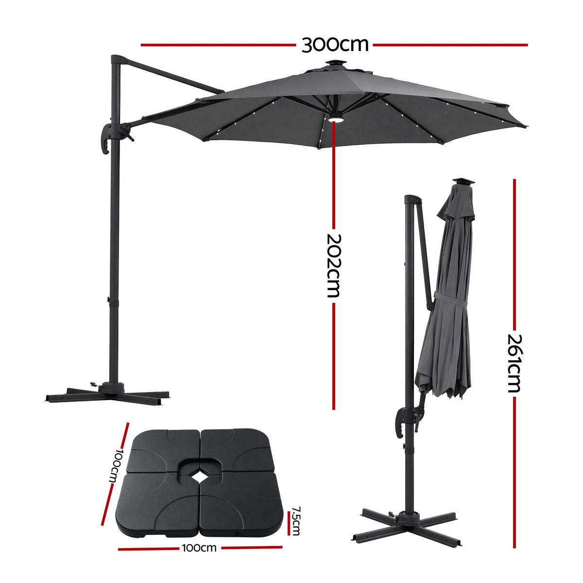 Solar powered LED lit ribs on the Instahut 3m charcoal cantilever patio umbrella