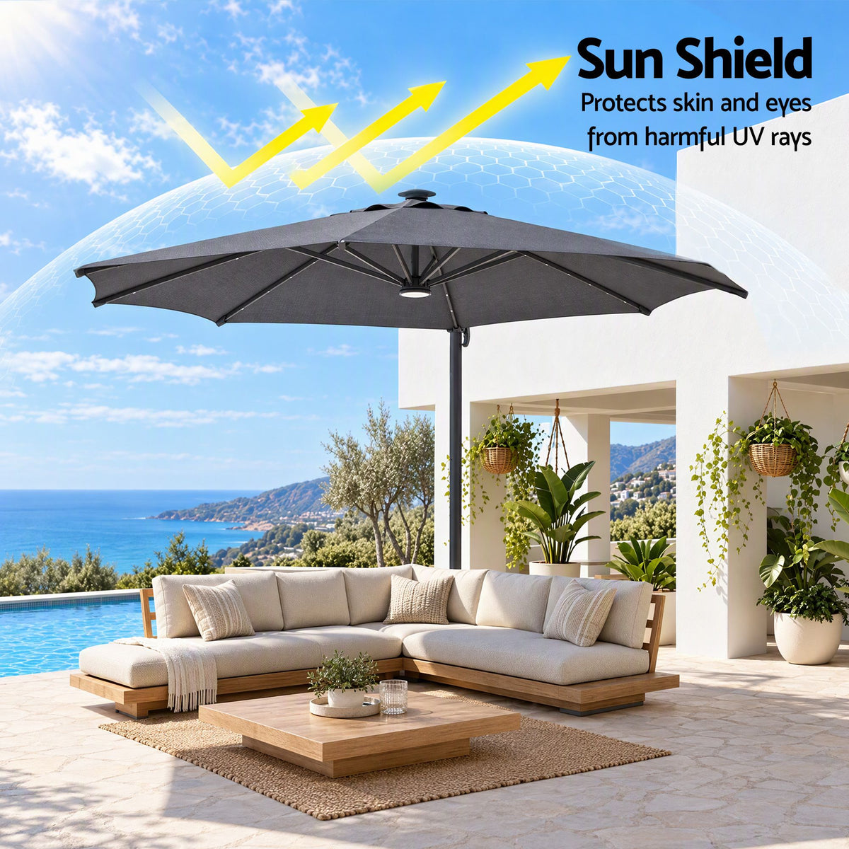 360 degree foot rotation at the base of the Instahut 3m charcoal cantilever umbrella pole