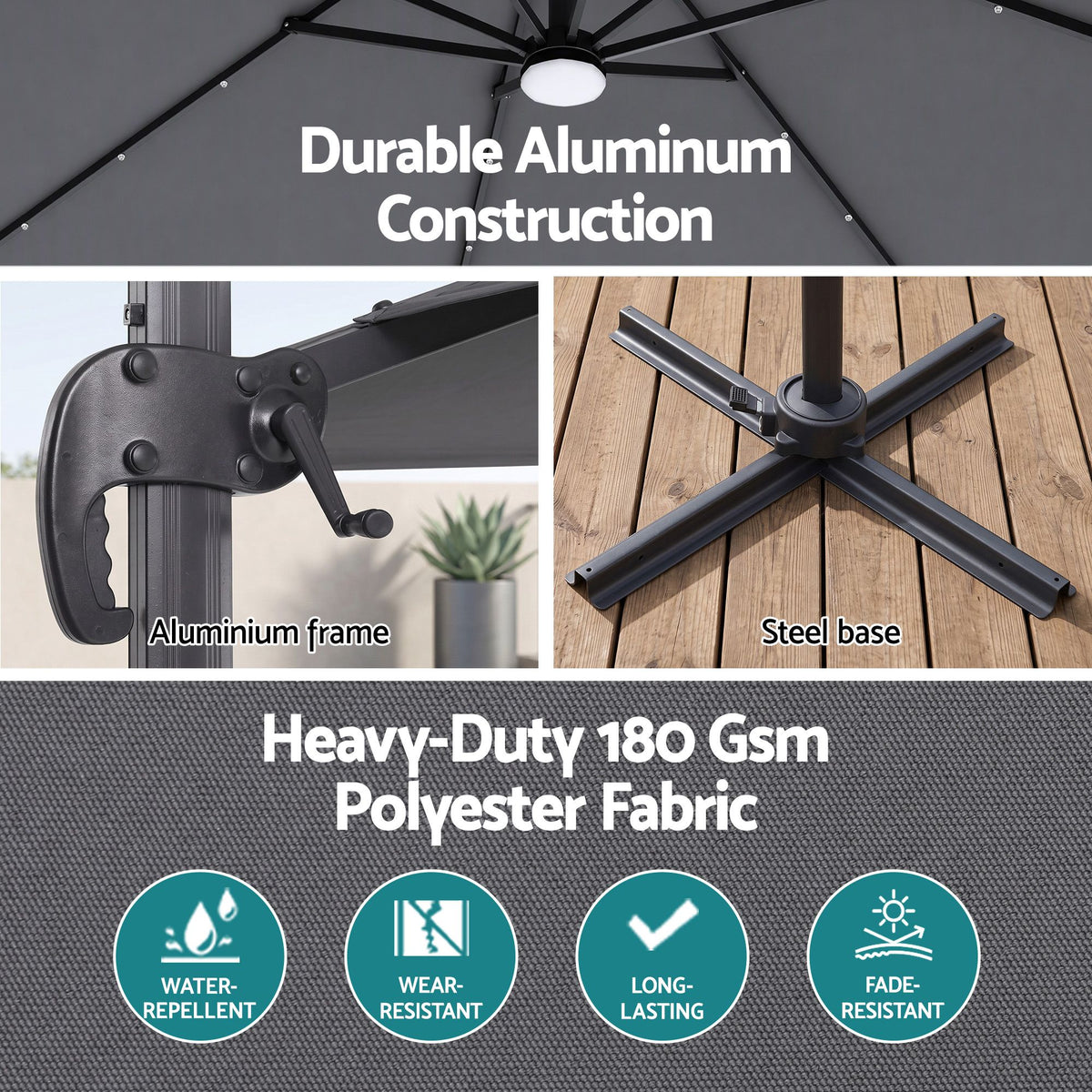 Modular 4 plate PE plastic umbrella base, 50cm x 50cm x 7.5cm, in black