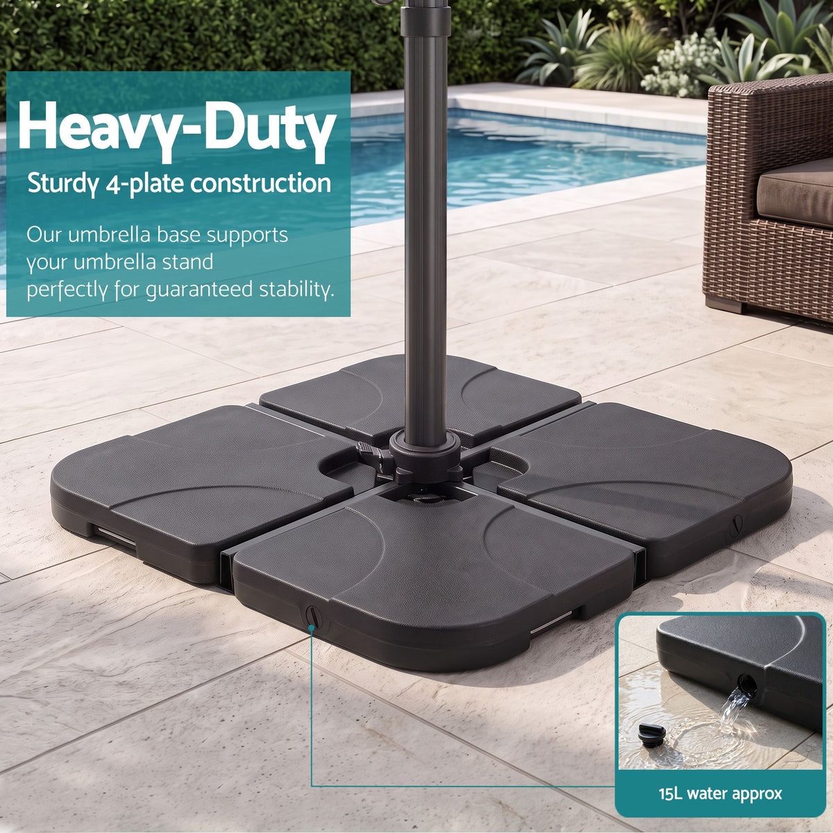 Carry handles on the black PE plastic 4 plate umbrella base, 8.5kg empty