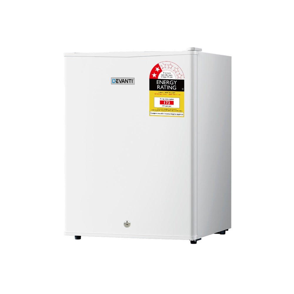 White Devanti mini fridge with energy rating label, compact design for home or office use