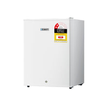White Devanti mini fridge with energy rating label, compact design for home or office use