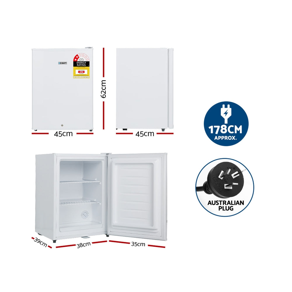 Compact white mini fridge with dimensions, energy rating, and Australian plug, ideal for small spaces