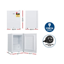 Compact white mini fridge with dimensions, energy rating, and Australian plug, ideal for small spaces