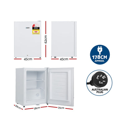 Compact white mini fridge with dimensions, energy rating, and Australian plug, ideal for small spaces