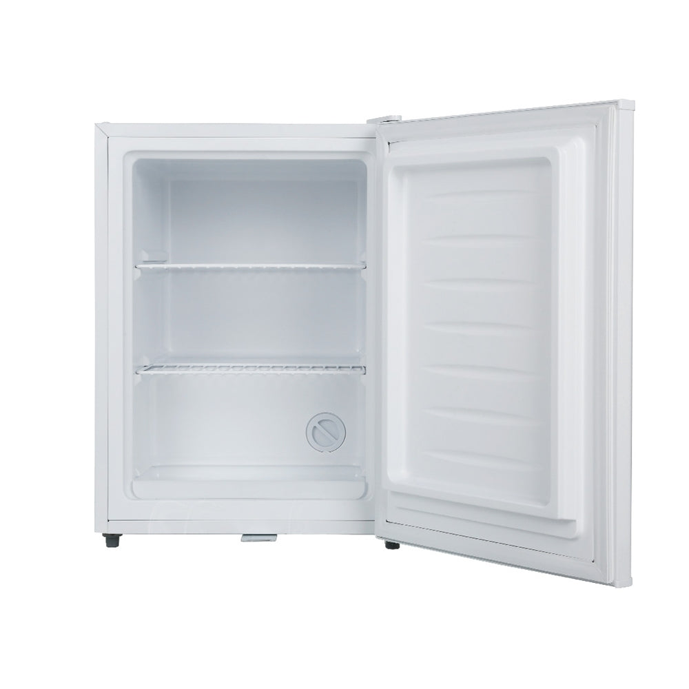 Compact white mini fridge with open door, adjustable shelves, and freezer compartment for small spaces