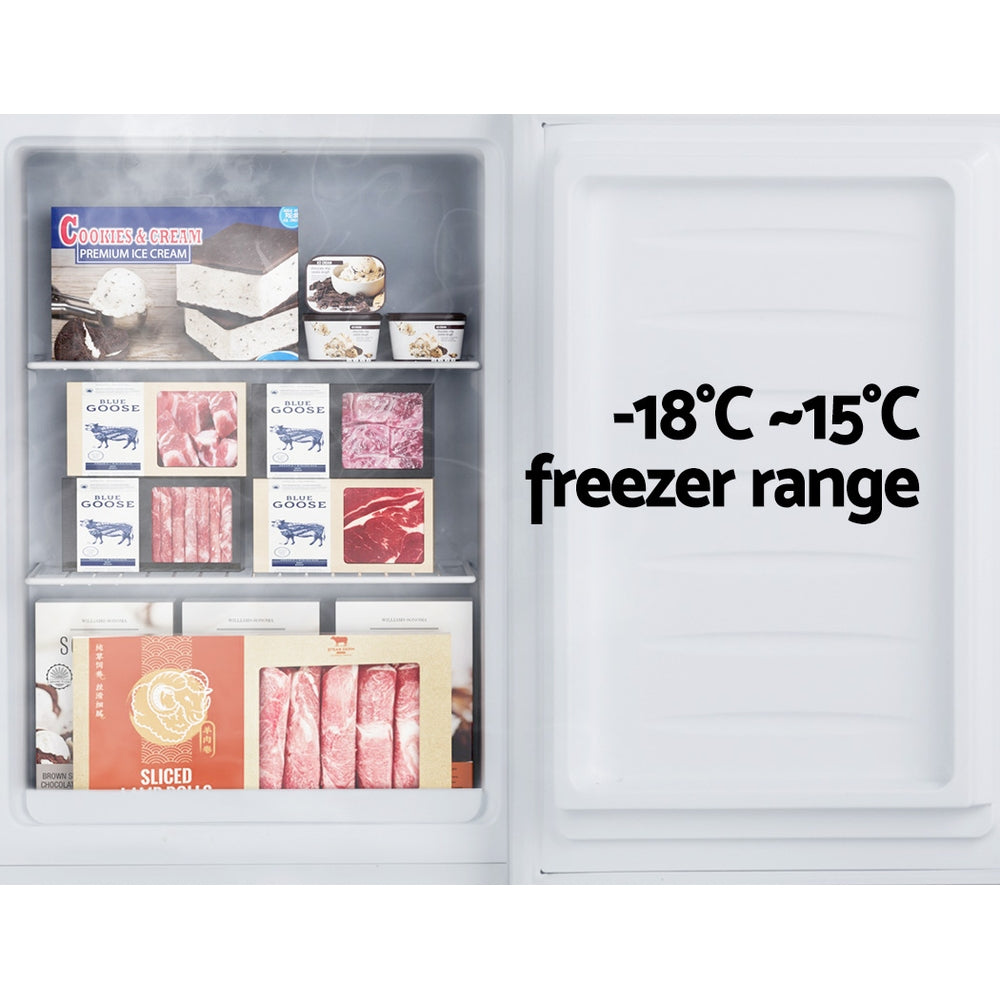 Freezer with ice cream, meat packs, and -18°C to -15°C range for optimal food storage