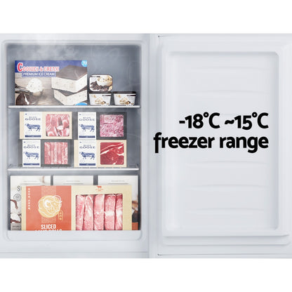 Freezer with ice cream, meat packs, and -18°C to -15°C range for optimal food storage