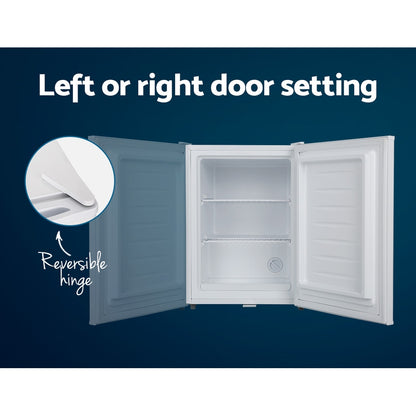 White mini fridge with reversible door hinge, left or right opening, empty interior shelves