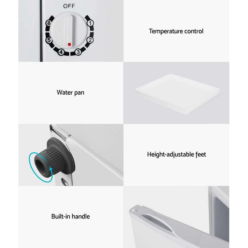 Compact white appliance with temp control, water pan, adjustable feet, and built-in handle for easy use.