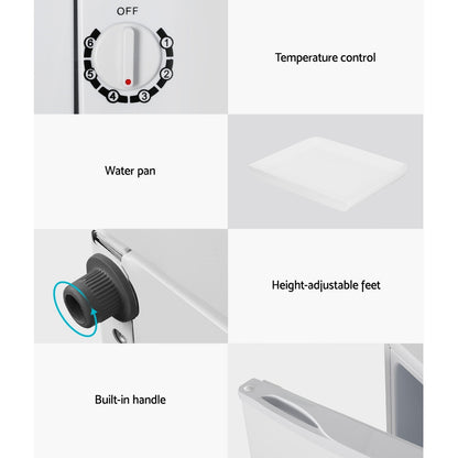 Compact white appliance with temp control, water pan, adjustable feet, and built-in handle for easy use.