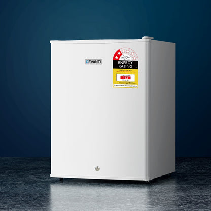 White Devanti mini fridge with energy rating label, compact design for home or office use