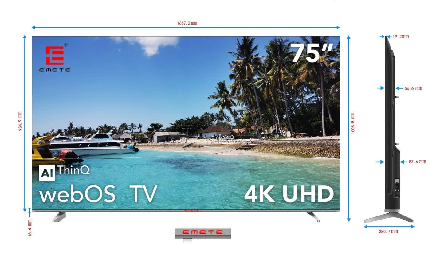 75-inch 4K UHD webOS TV with AI ThinQ, sleek design, tropical beach display