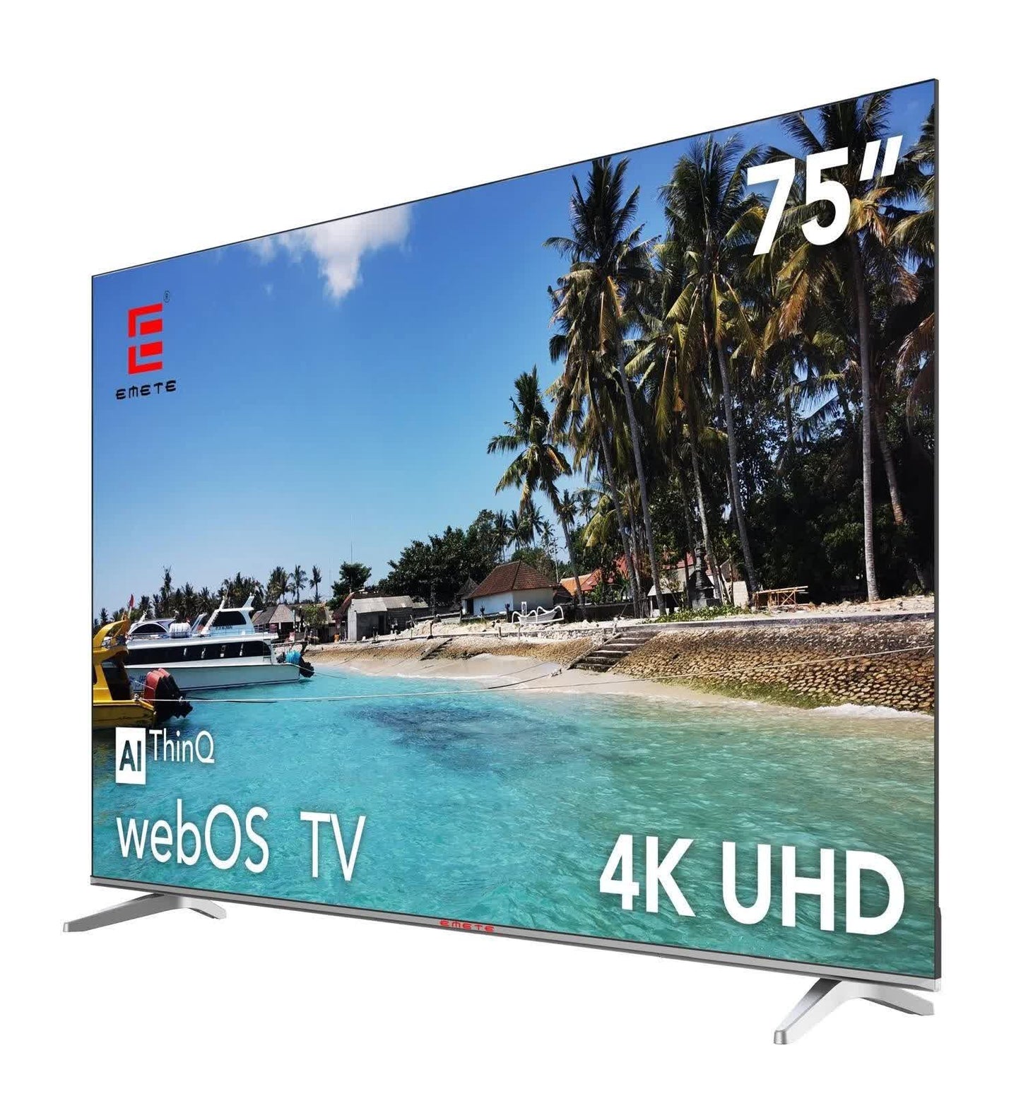 75-inch 4K UHD webOS TV with AI ThinQ, displaying tropical beach scene on screen
