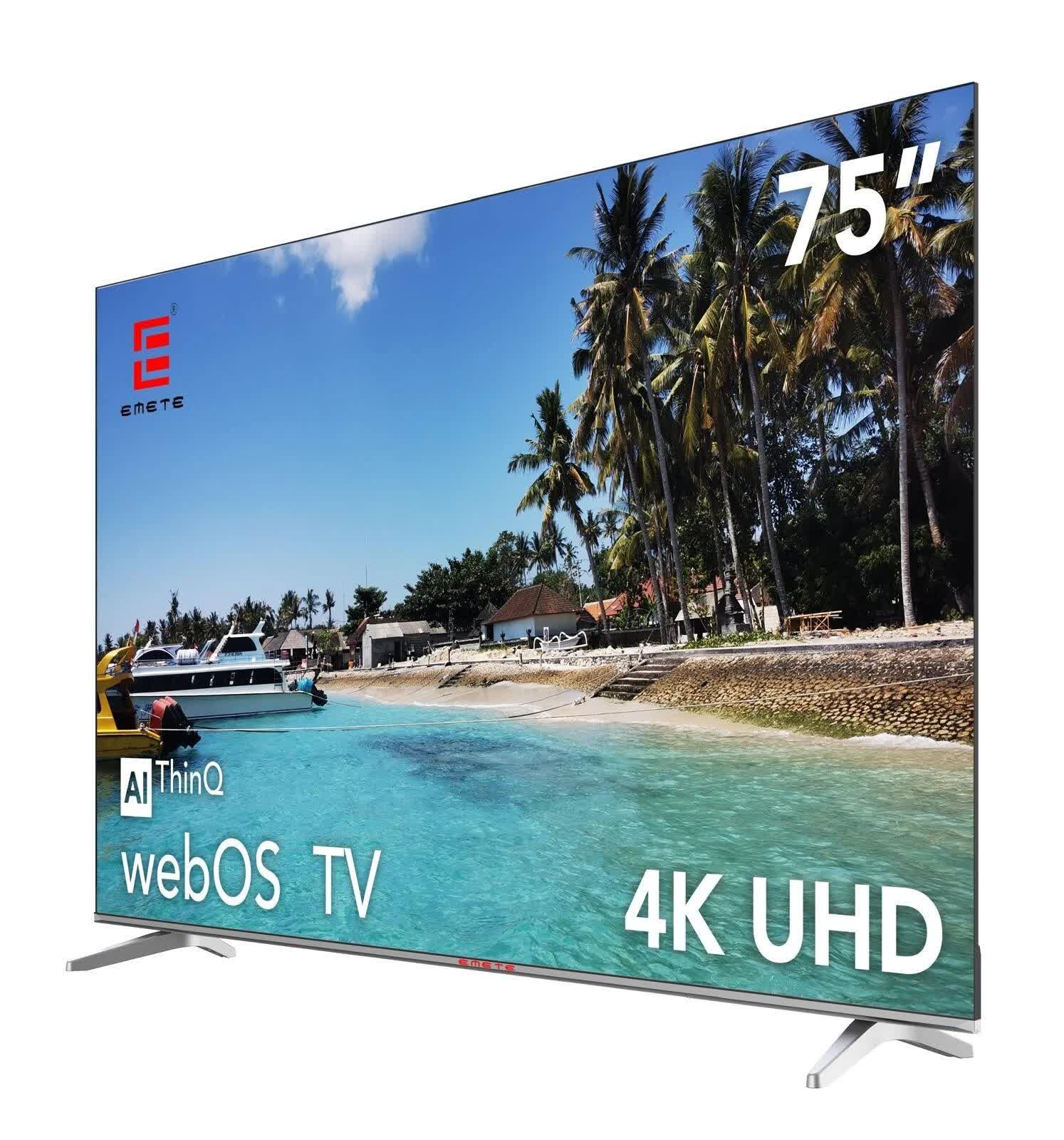 75-inch 4K UHD webOS TV with AI ThinQ, displaying tropical beach scene on screen