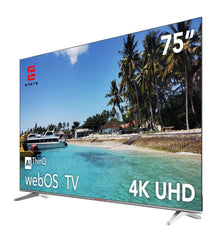75-inch 4K UHD webOS TV with AI ThinQ, displaying tropical beach scene on screen