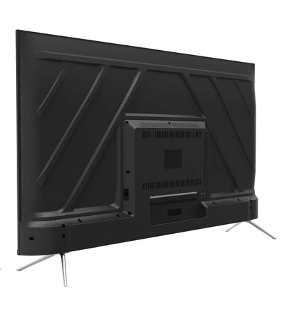Back view of sleek black LED TV with slim stand and ventilation slots