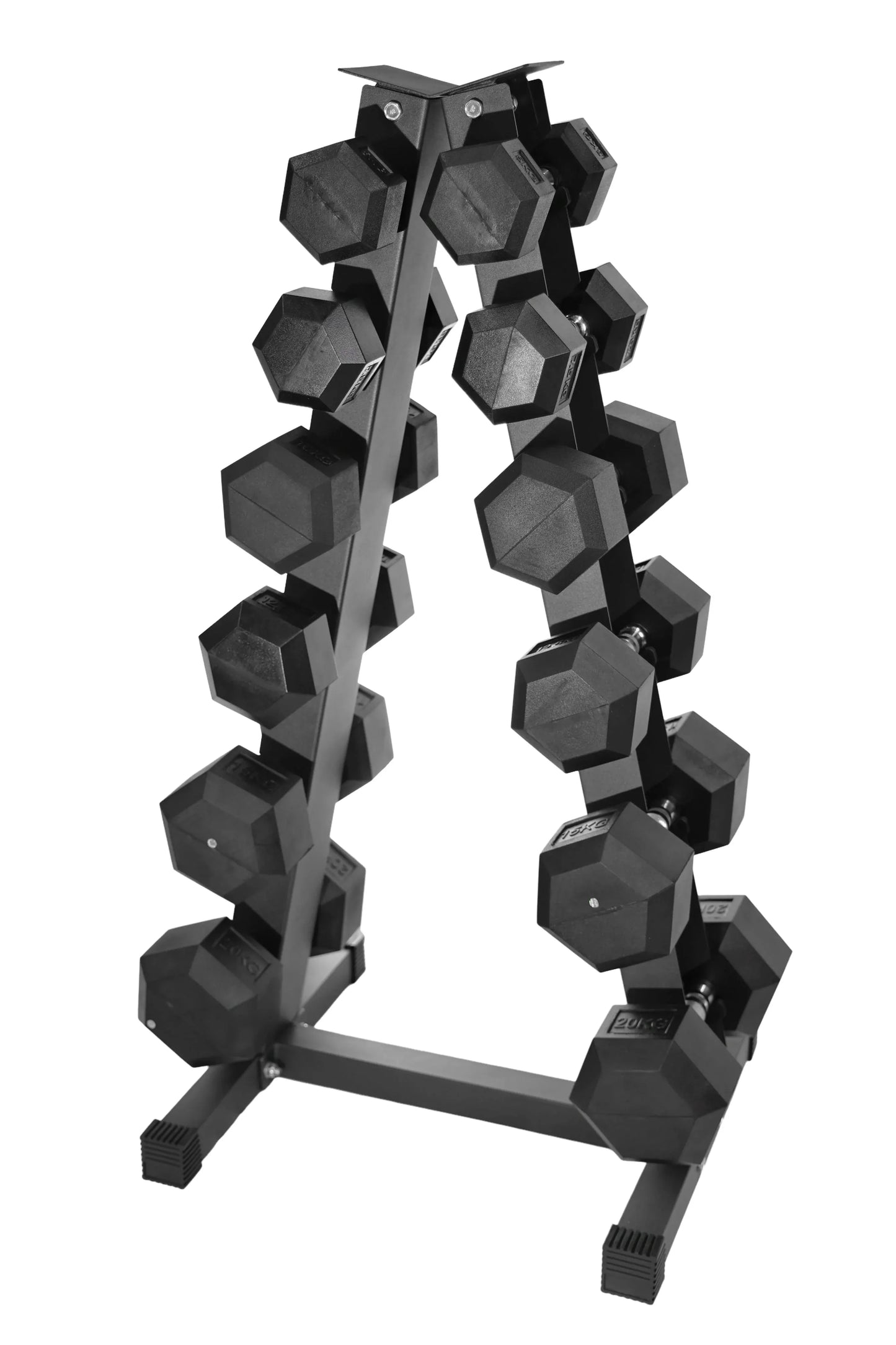 Curve Fitness 4-Pair Rubber Hex Dumbbell Set & A-Frame Rack | 5-20kg