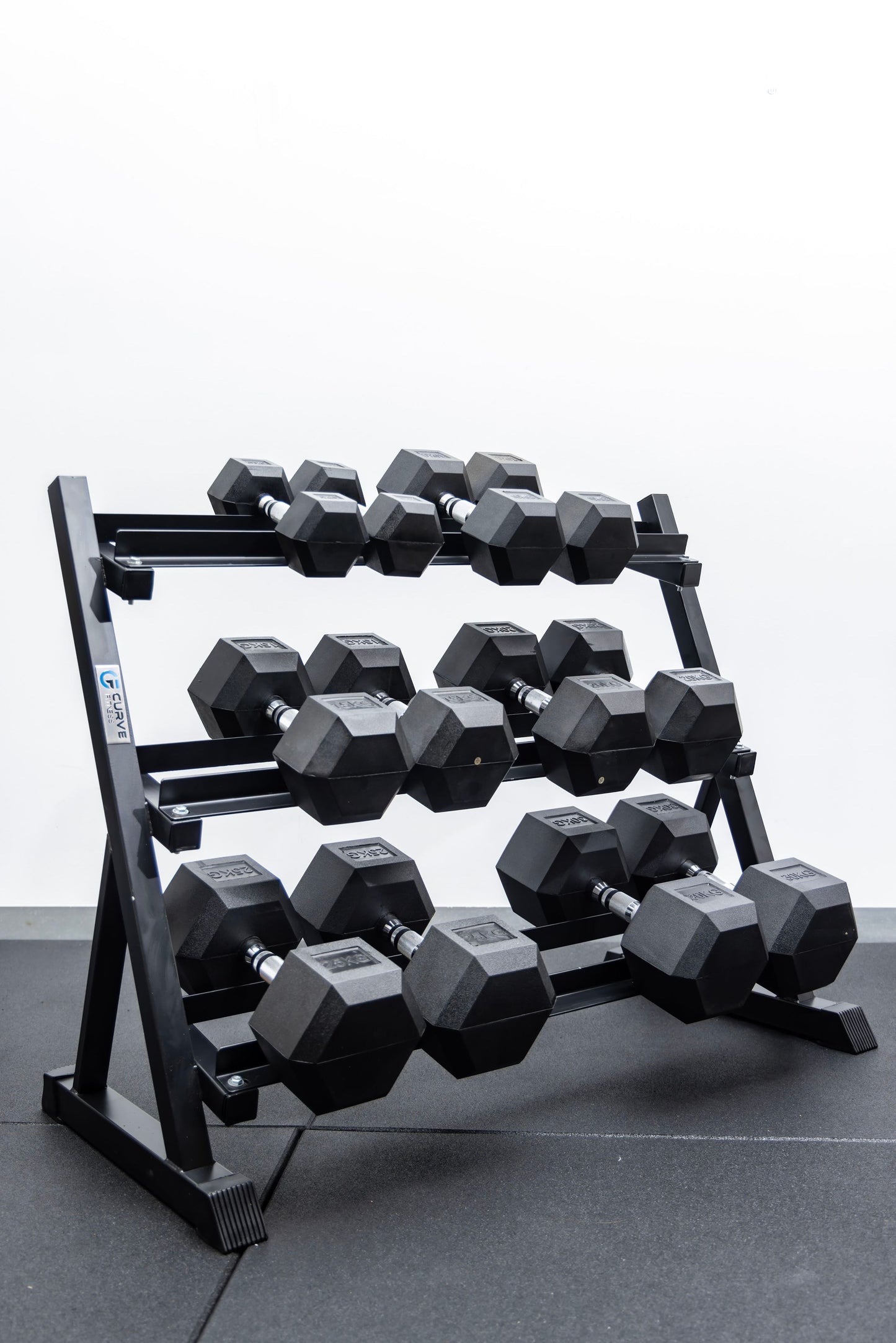 Curve Fitness 6-Pair Rubber Hex Dumbbell Set & Rack | 5-30kg
