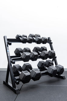 Curve Fitness 6-Pair Rubber Hex Dumbbell Set & Rack | 5-30kg