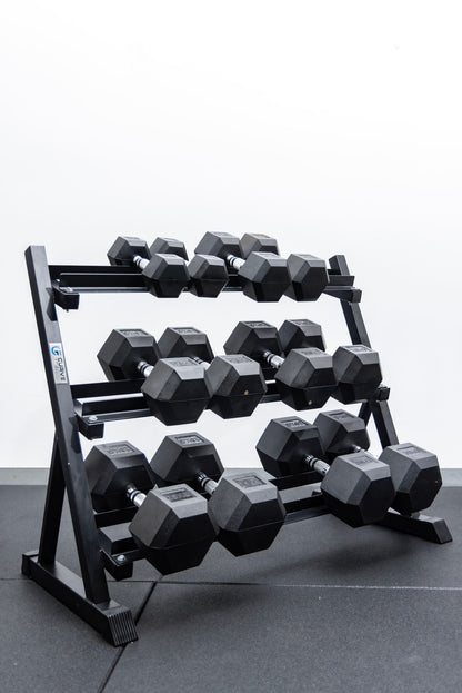 Curve Fitness 6-Pair Rubber Hex Dumbbell Set & Rack | 5-30kg