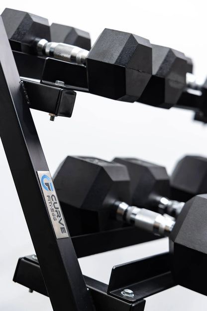 Curve Fitness 6-Pair Rubber Hex Dumbbell Set & Rack | 5-30kg