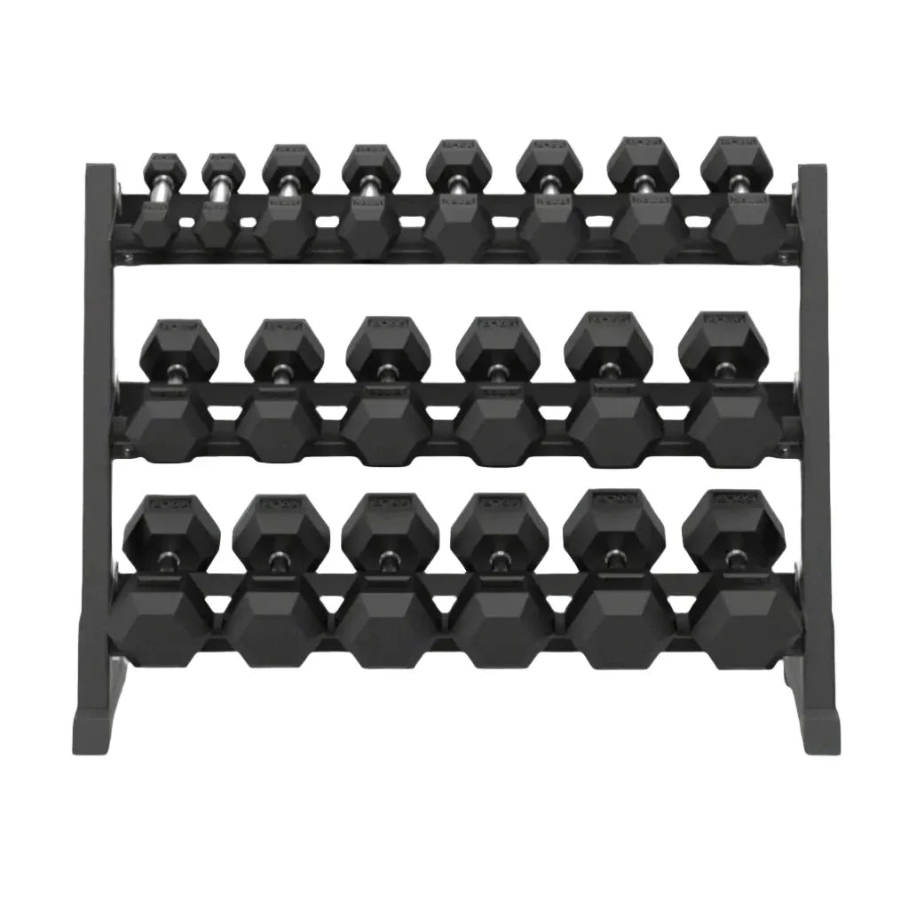 Curve Fitness 7-Pair Rubber Hex Dumbbell Set & Rack | 5-35kg