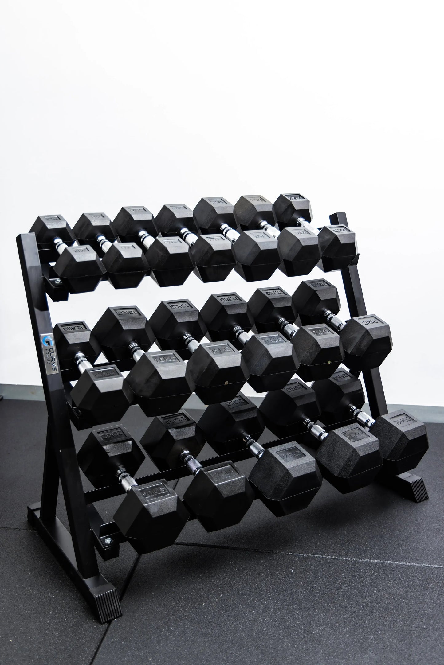 Curve Fitness 9-Pair Rubber Hex Dumbbell Set & Rack | 5-25kg