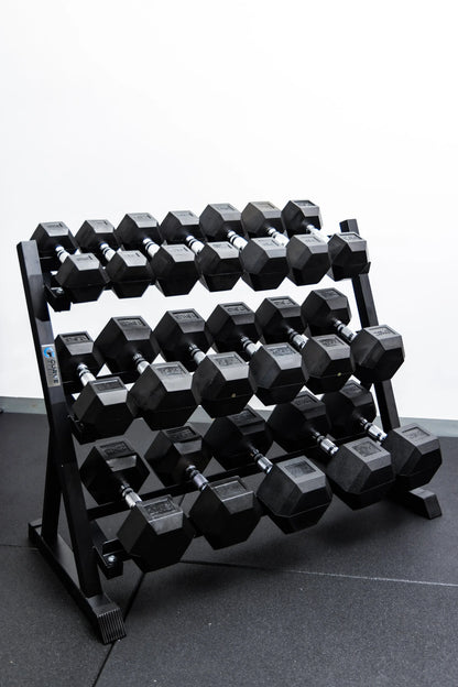Curve Fitness 9-Pair Rubber Hex Dumbbell Set & Rack | 5-25kg