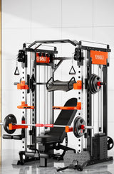 Multi-functional home gym fitness equipment with bench, weights, and cables in a modern room