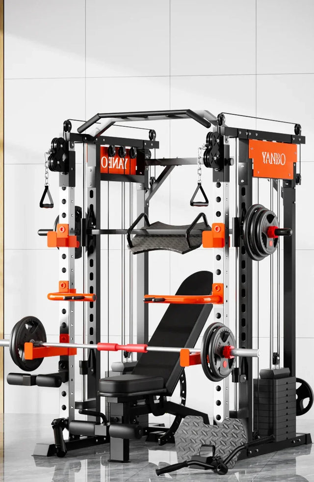 Multi-functional home gym fitness equipment with bench, weights, and cables in a modern room