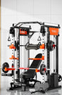 Multi-functional home gym fitness equipment with bench, weights, and cables in a modern room