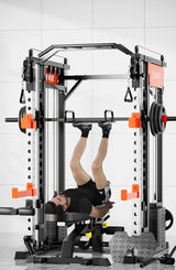 Man exercising on multi-functional home gym power rack with bench and weight plates