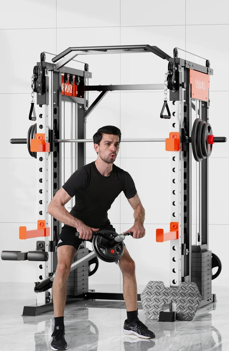 Man working out on a multifunctional home gym power rack with weights and attachments