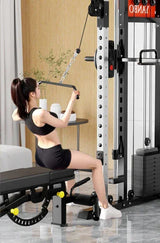 Woman using home gym cable machine for lat pulldown workout in modern fitness room