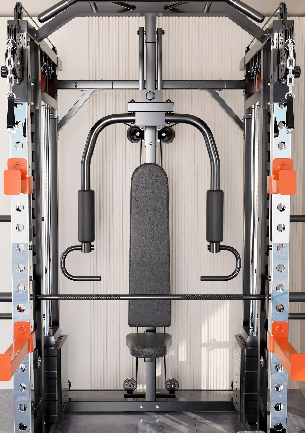 Home gym multi-station weight machine with black padded bench and metal frame