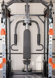 Home gym multi-station weight machine with black padded bench and metal frame