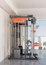 Multifunctional home gym power rack with weight stack and cable attachments in a bright room