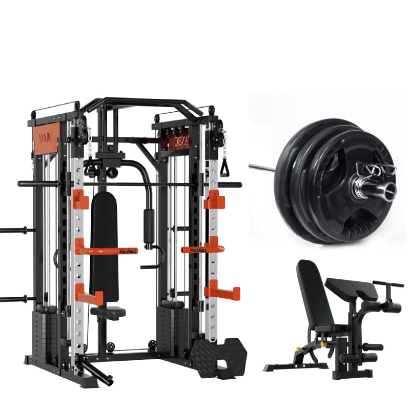 Black and orange home gym power rack with weight bench and Olympic barbell plates