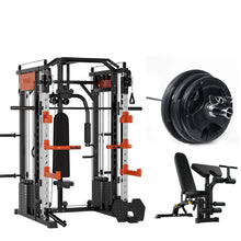 Black and orange home gym power rack with weight bench and Olympic barbell plates