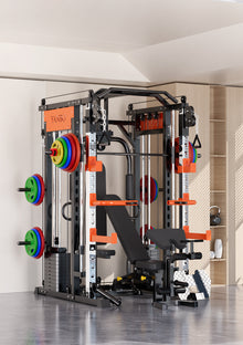 YANBO multi-functional home gym with weight plates, bench, and cable system for strength training