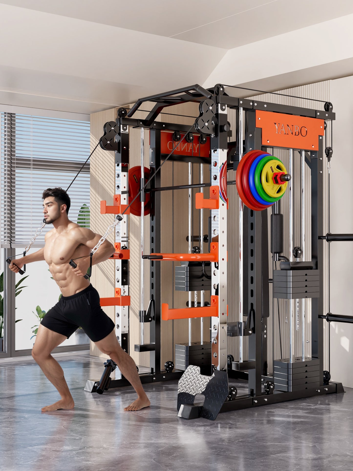 Man using YANBO home gym machine with weight plates and cable system for strength training
