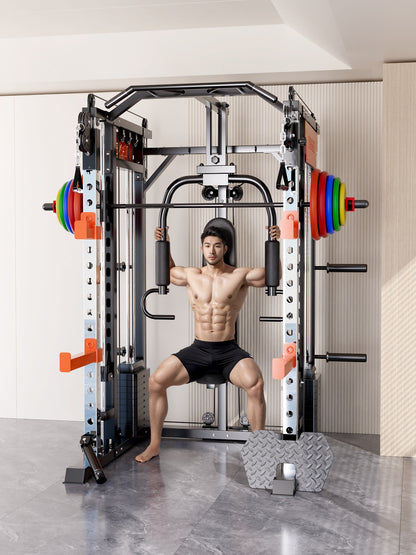 Man using home gym machine with colorful weight plates, ideal for strength training and fitness workouts.