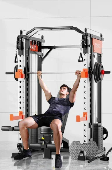 Man bench pressing on a multi-functional home gym Smith machine