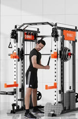 Man using cable pulley machine in modern gym setting, strength training equipment on white tile